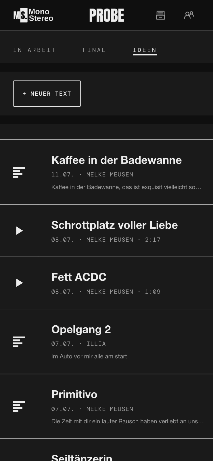 Liste mit Sound- und Textideen