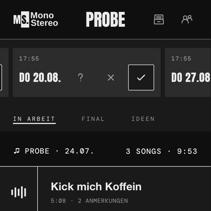 Nächste Probe mit Zusage-Auswahl